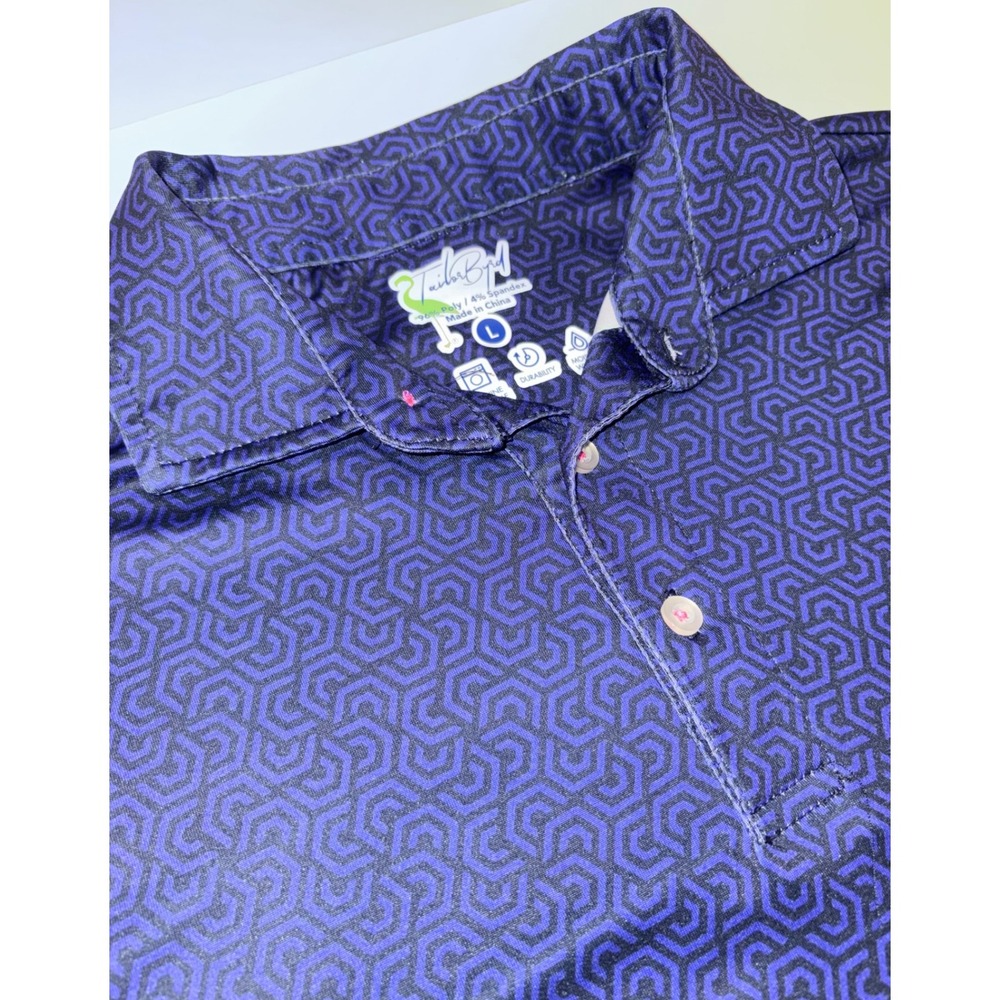 Tailorbyrd Mens‎ Large Blue Geometric Print Golf Polo Shirt Quick Dry SPF 30